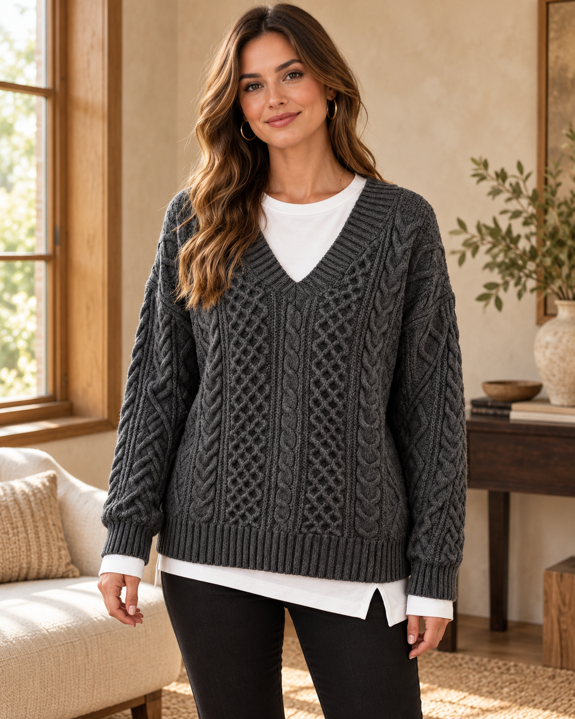 Full Size Cable Knit Dropped Shoulder Sweater Plus Size in Gray — worn by an adult model in a warm architectural studio