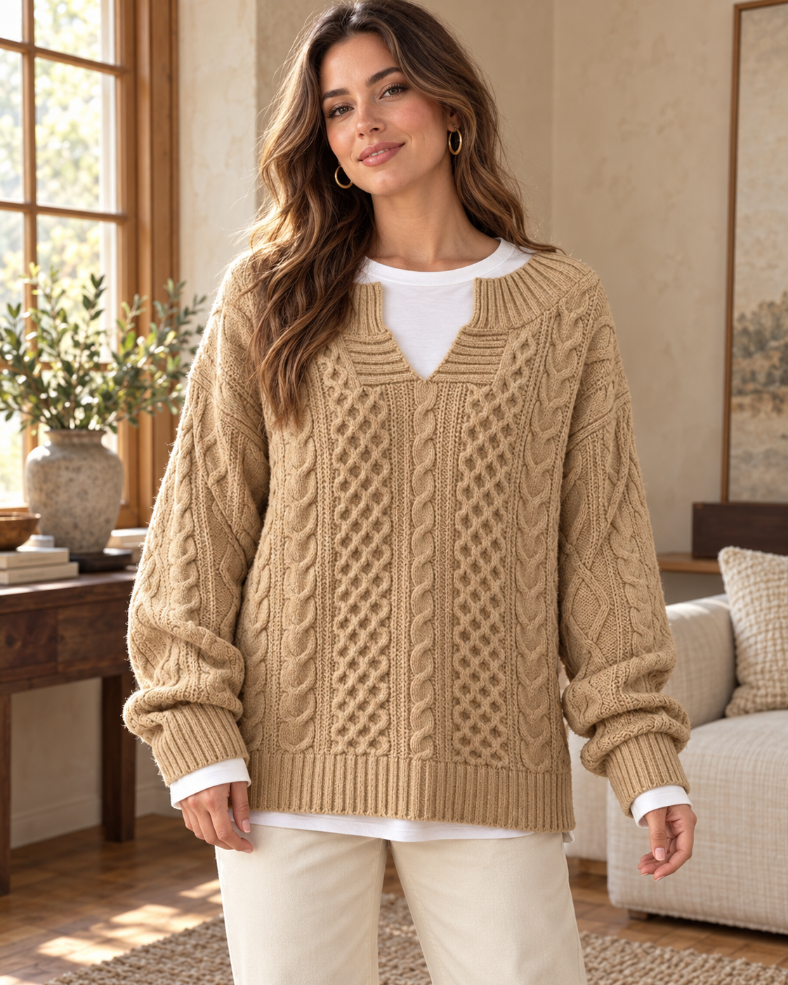 Full Size Cable Knit Dropped Shoulder Sweater Plus Size in Khaki Color — worn by an adult model in a warm architectural studio