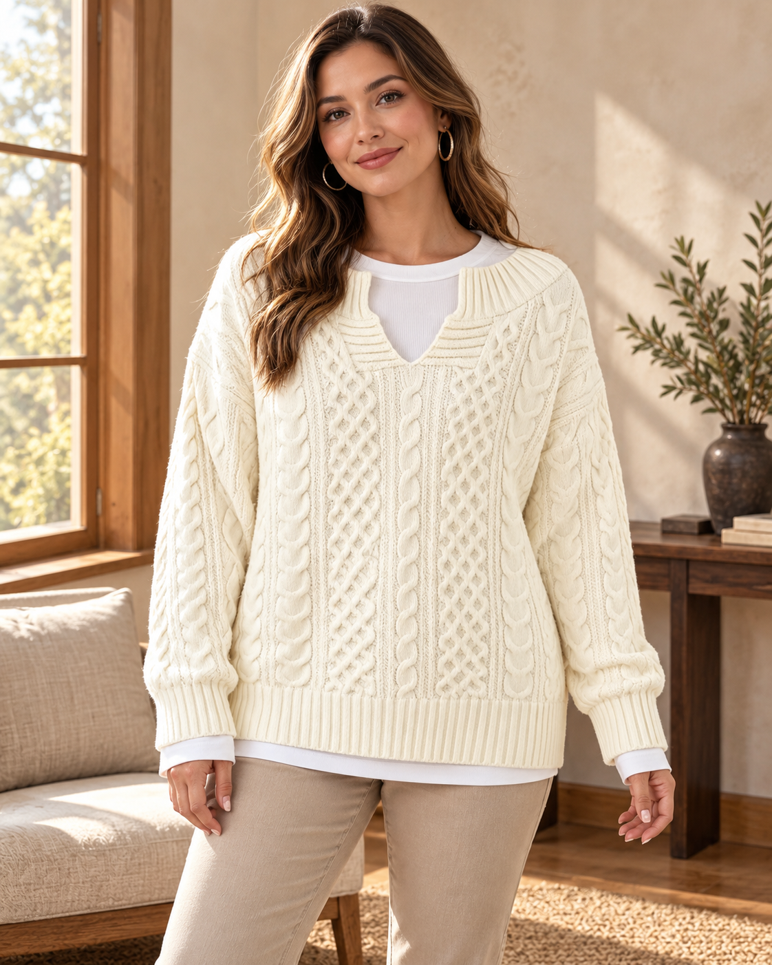 Full Size Cable Knit Dropped Shoulder Sweater Plus Size in Off-white — worn by an adult model in a warm architectural studio