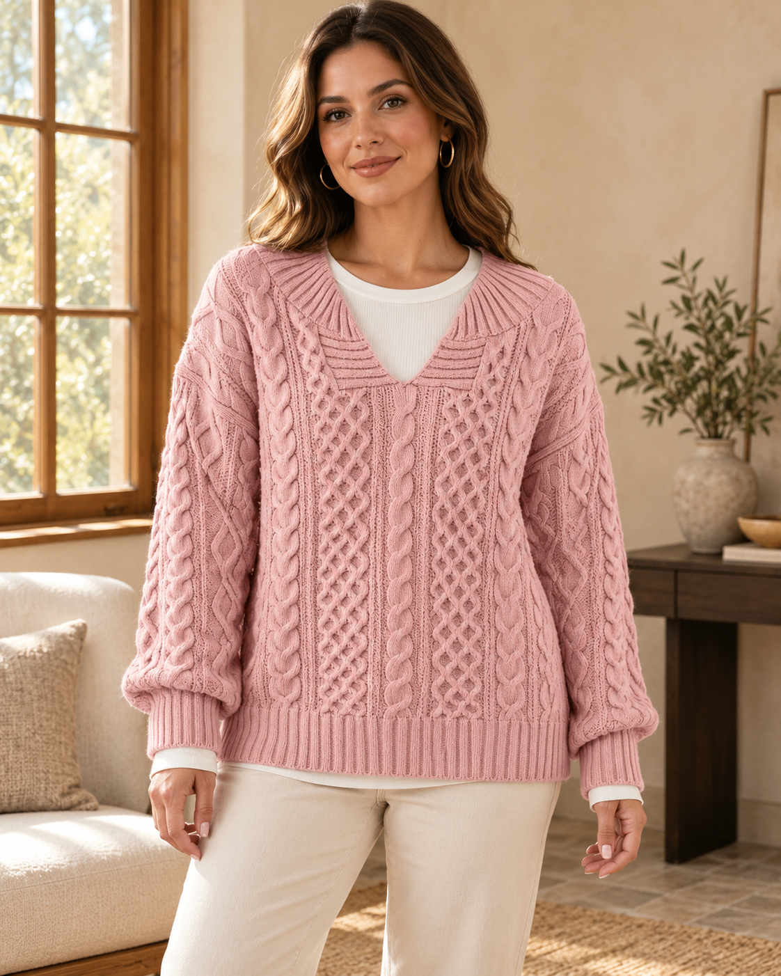 Full Size Cable Knit Dropped Shoulder Sweater Plus Size in Pink — worn by an adult model in a warm architectural studio