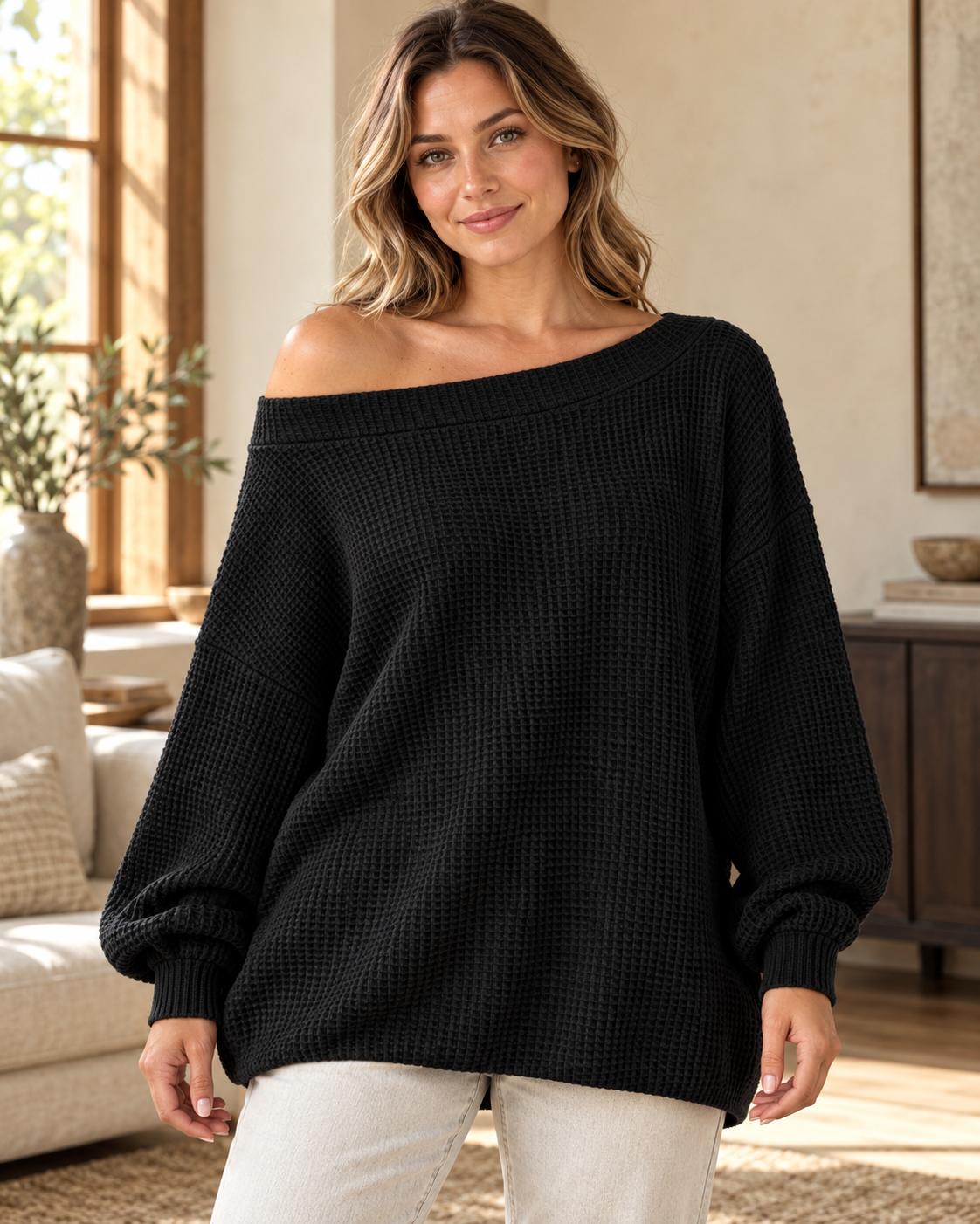 Full Size Waffle Knit Boat Neck Sweatshirt Plus Size in Black — worn by an adult model in a warm architectural studio