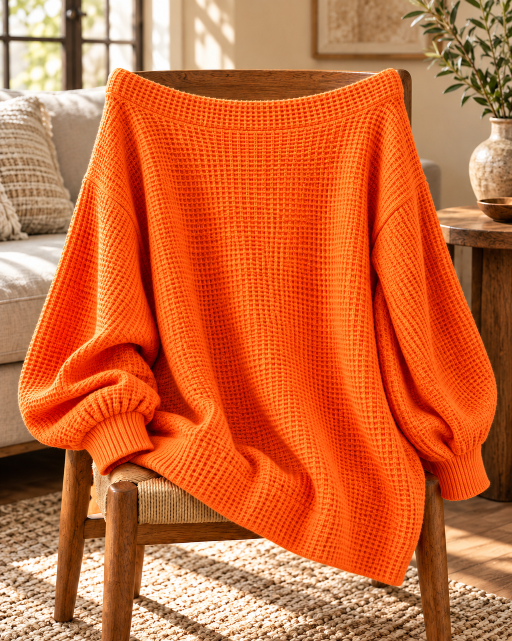 Full Size Waffle Knit Boat Neck Sweatshirt Plus Size in Orange-red — garment draped on an oak chair in a styled room