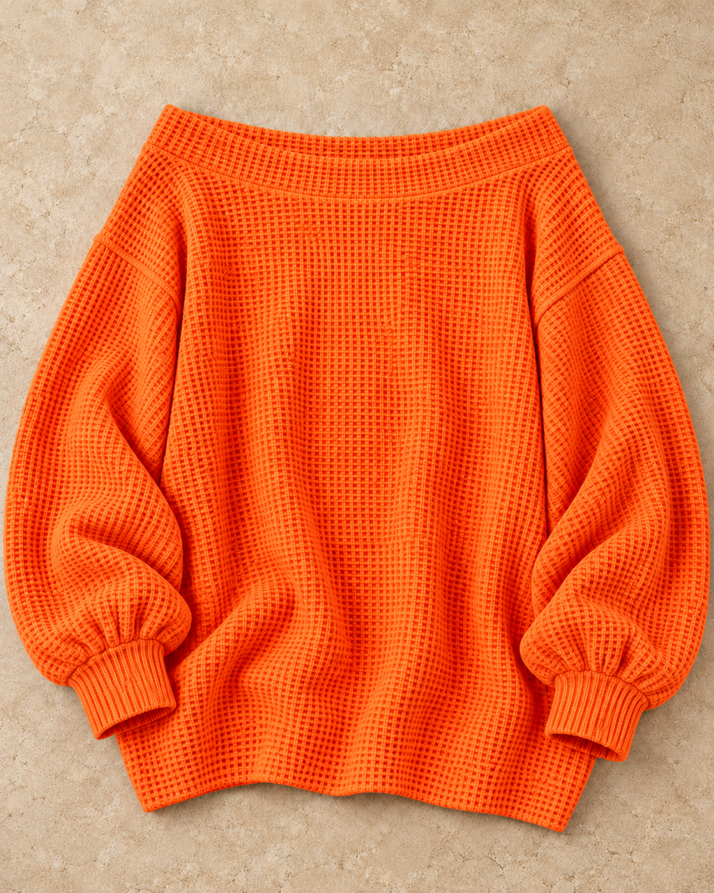 Full Size Waffle Knit Boat Neck Sweatshirt Plus Size in Orange-red — standalone garment on a warm stone studio background