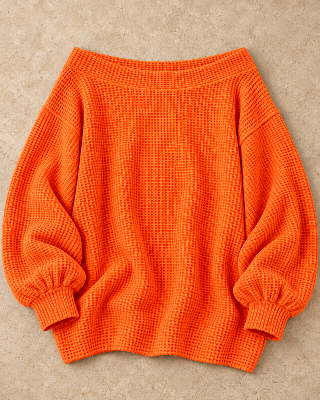 Full Size Waffle Knit Boat Neck Sweatshirt Plus Size in Orange-red — standalone garment on a warm stone studio background
