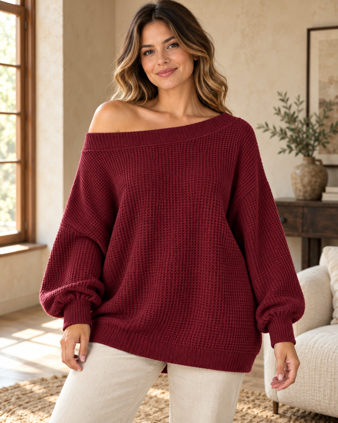 Full Size Waffle Knit Boat Neck Sweatshirt Plus Size in Wine Red — worn by an adult model in a warm architectural studio