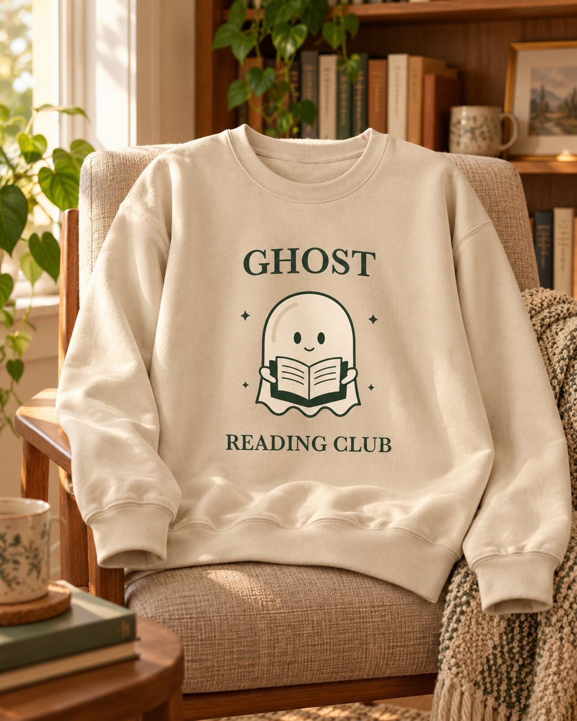 Ghost Reading Club Crewneck in Sand draped over a tan linen chair in a warm reading room.