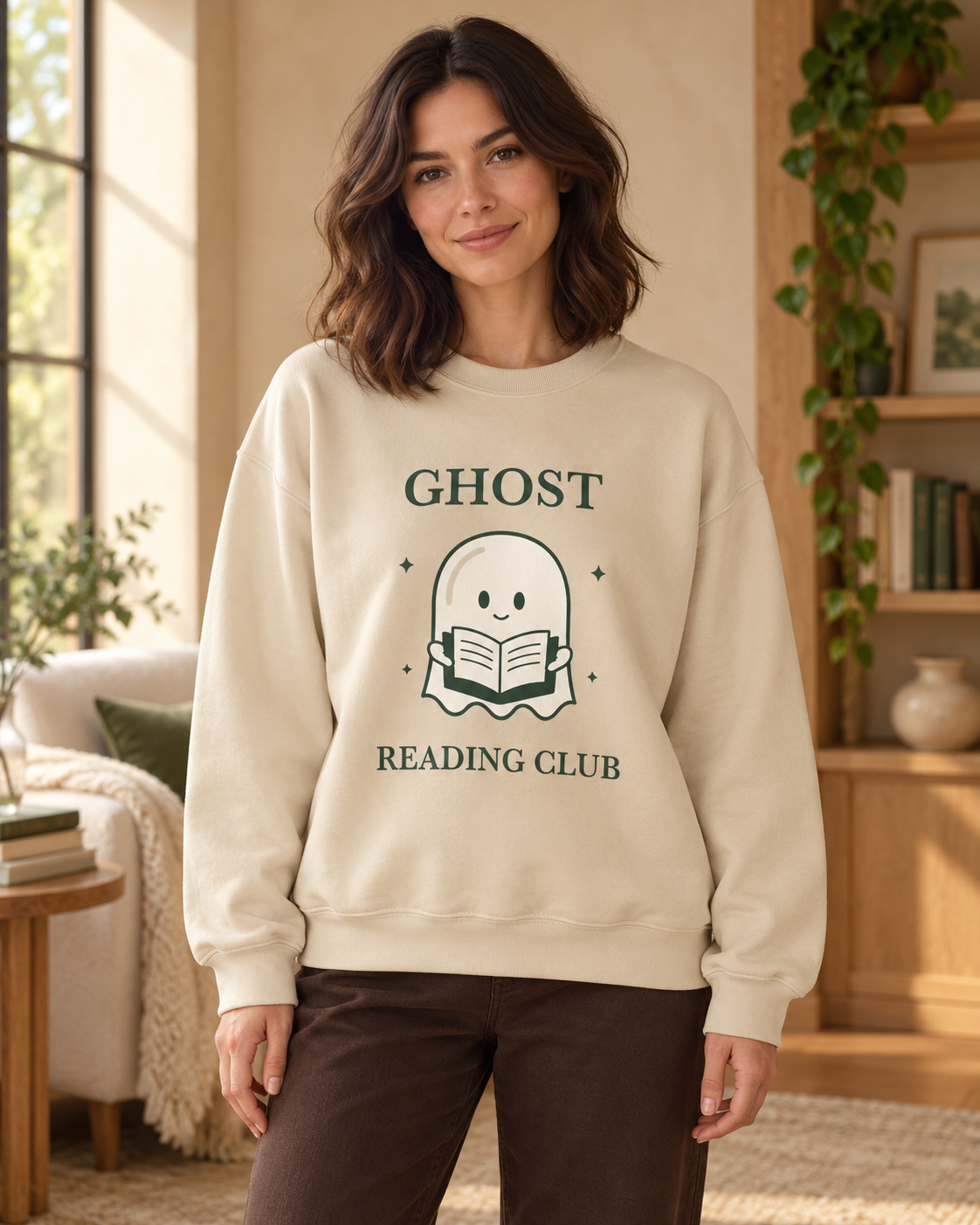 Ghost Reading Club Crewneck in Sand worn in a studio room; AI-styled product image
