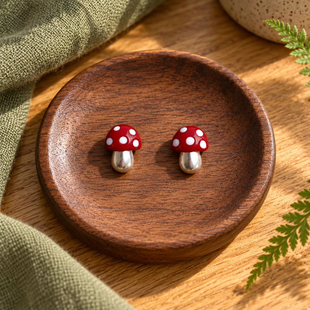 Mushroom stud earrings on a walnut tray with linen and greenery