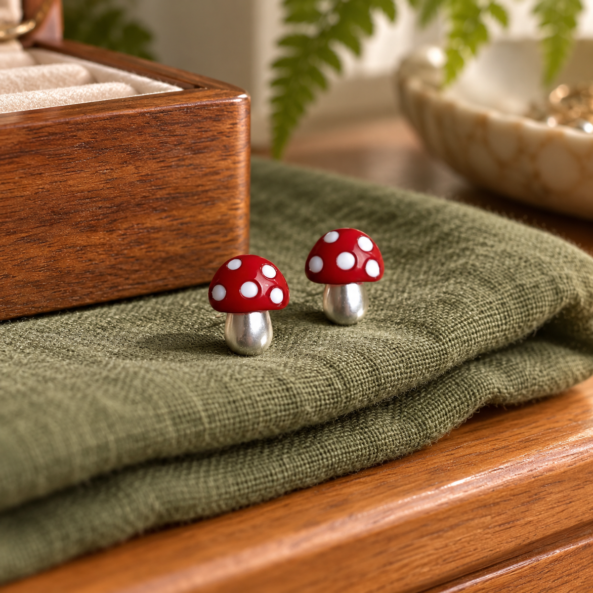 Close detail of the red resin caps and silver-tone stems on linen