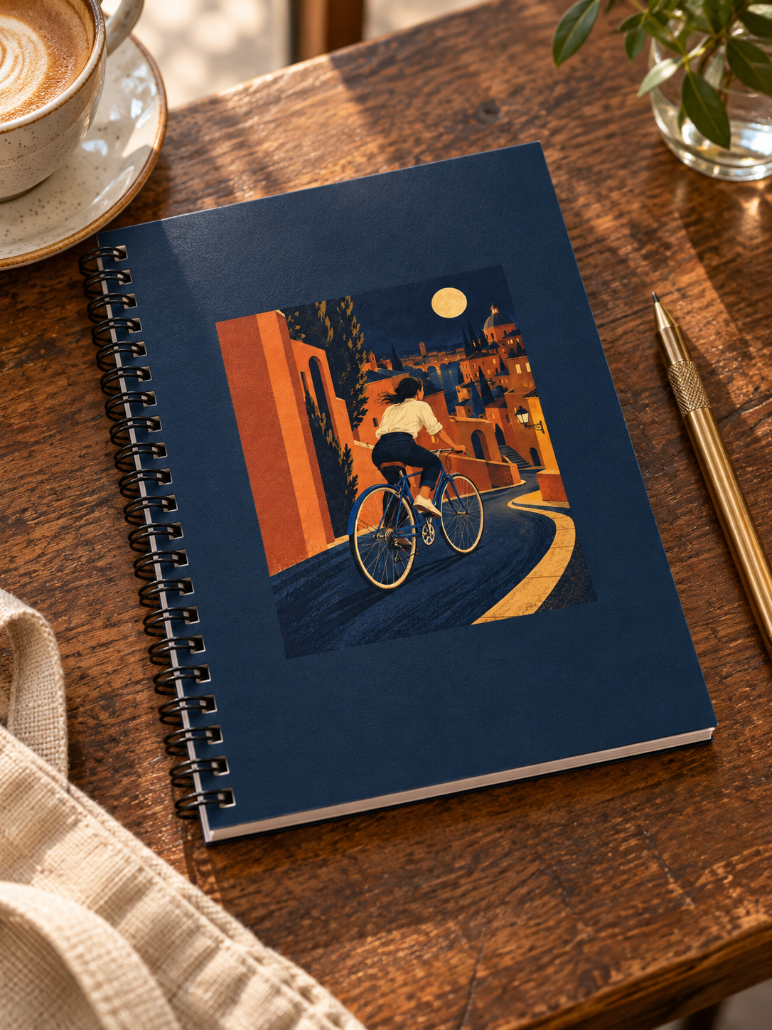 Night Ride navy spiral notebook with inset cyclist artwork on a warm cafe table