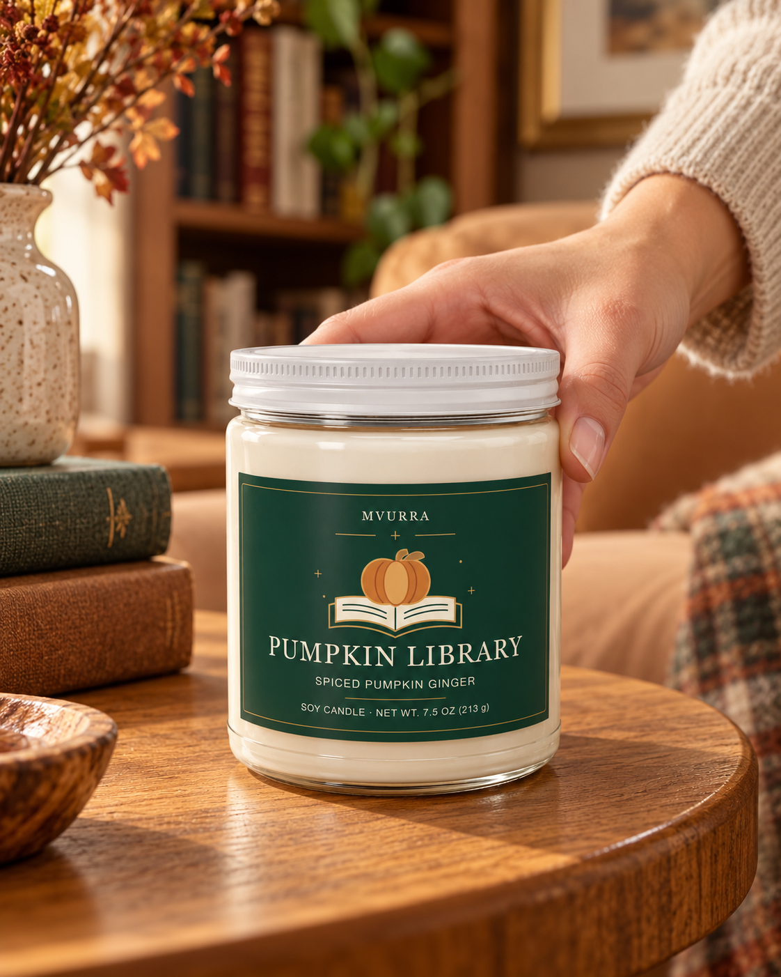 Adult hand placing the closed Pumpkin Library Spiced Pumpkin Ginger soy candle on an oak table.