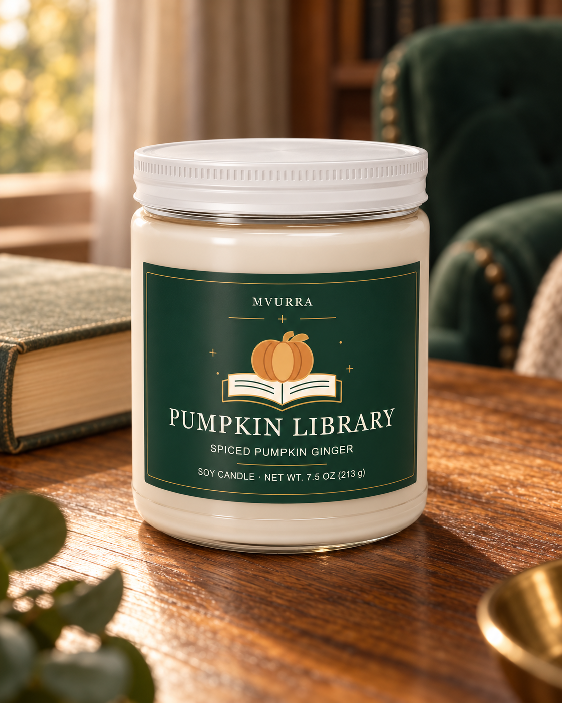 pumpkin library soy candle spiced pumpkin ginger  original design; AI-styled product image
