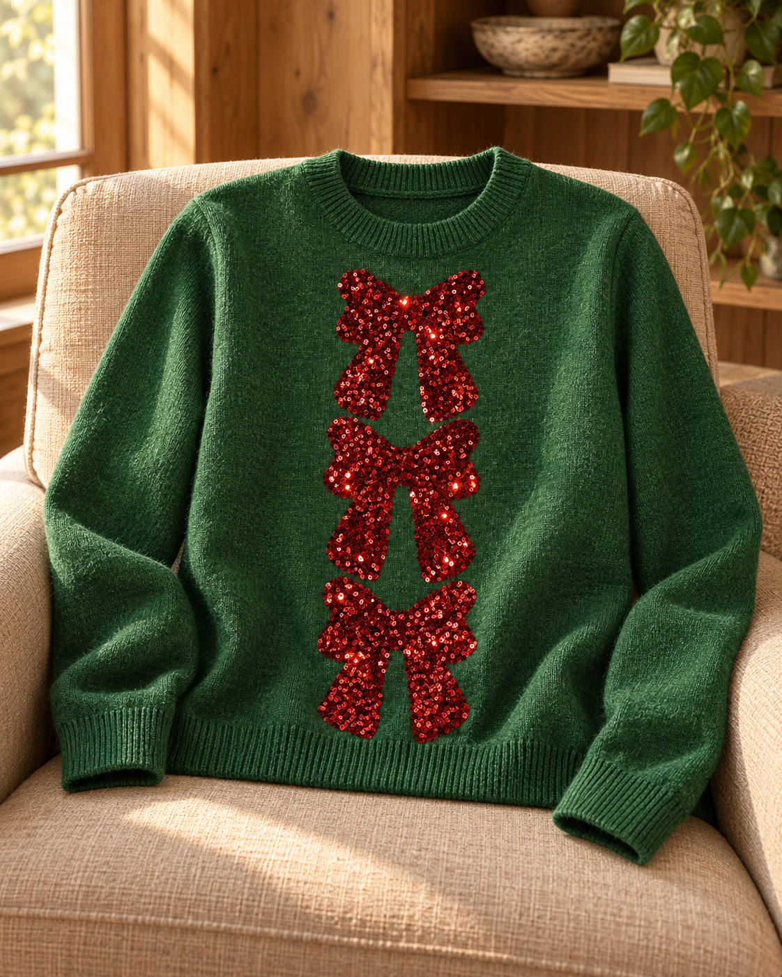 SO ME Holiday Bow Sequin Sweater in Hunter Green and Red draped over a tan linen chair.