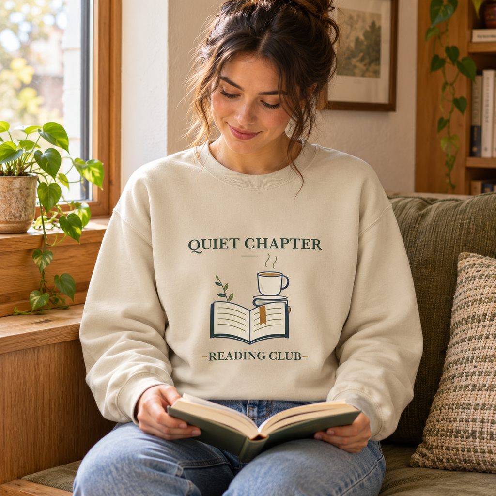 Quiet Chapter Reading Club Crewneck — person use: seated reading indoors; digitally styled supplier-based mockup