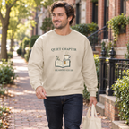 Quiet Chapter Reading Club Crewneck — person use: walking outdoors; digitally styled supplier-based mockup