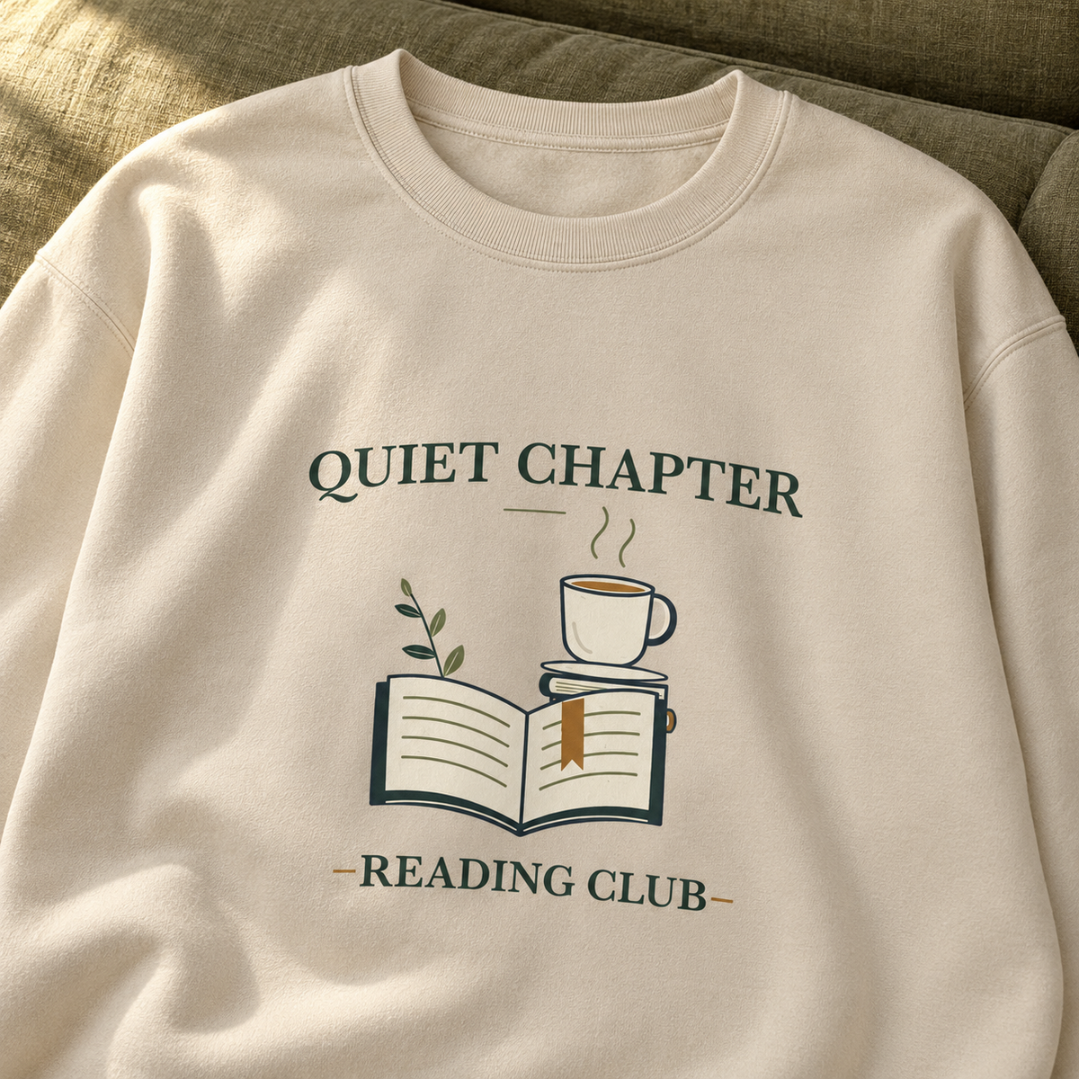 Quiet Chapter Reading Club Crewneck — contextual detail: original print and ribbed collar; digitally styled supplier-based mockup