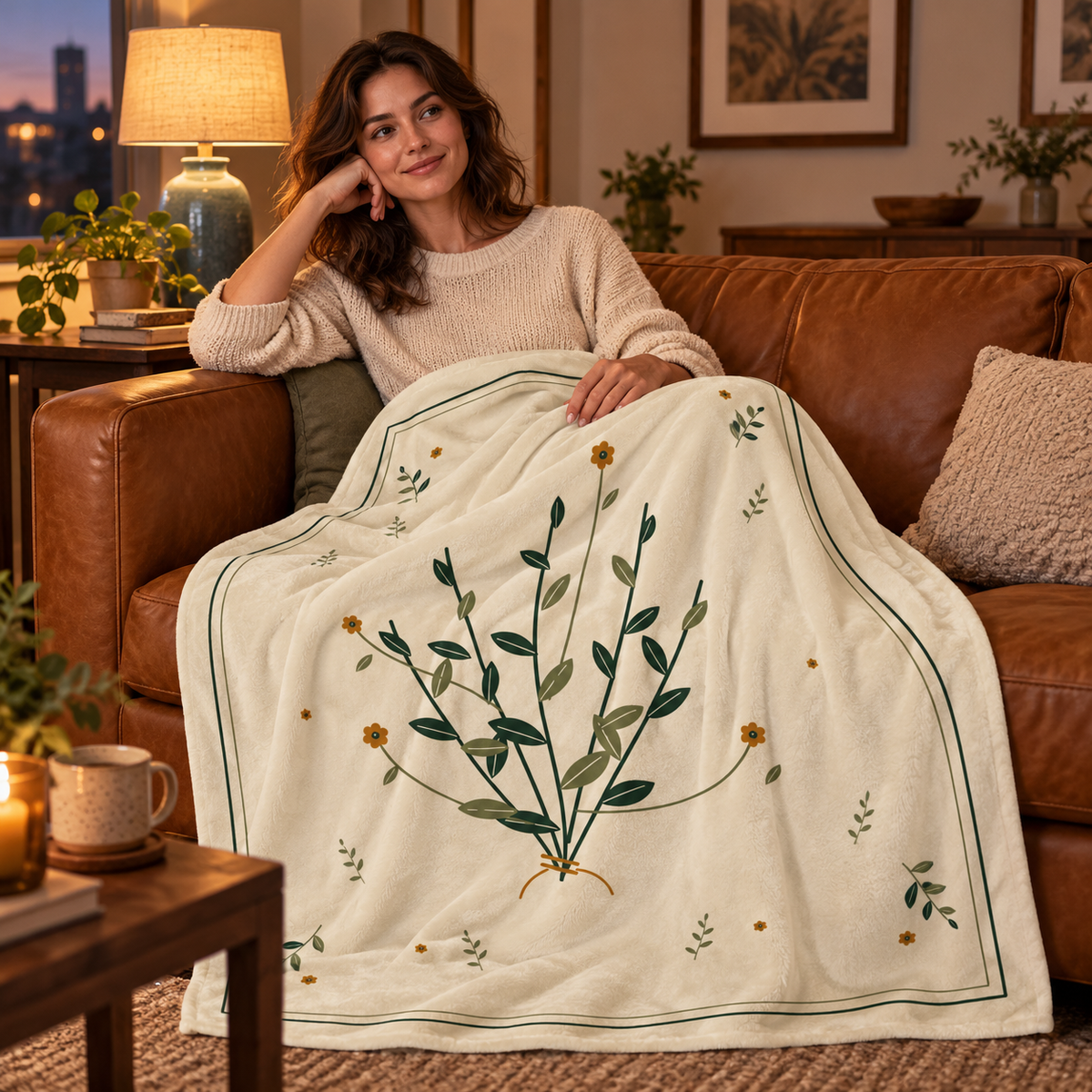 Quiet Meadow Plush Blanket — 50 × 60 in — person use: reclining under throw on sofa; digitally styled supplier-based mockup