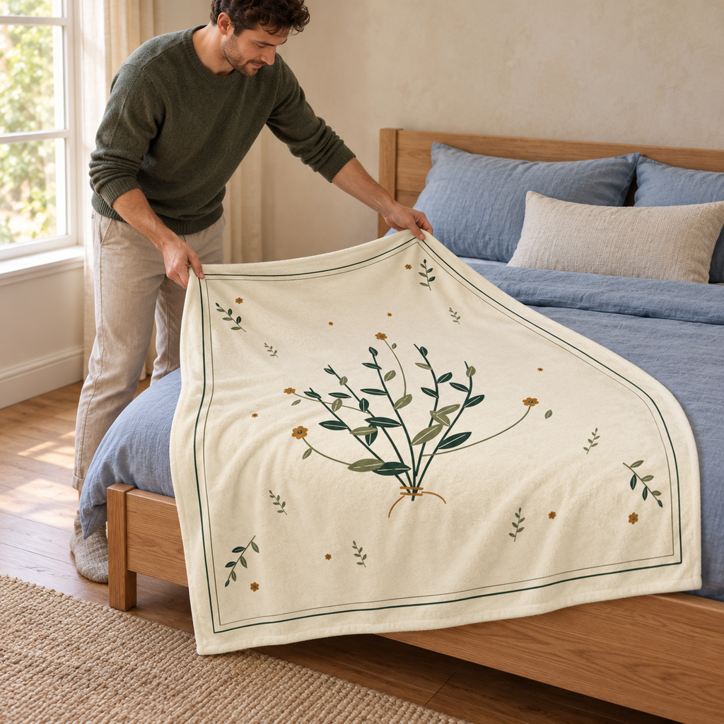 Quiet Meadow Plush Blanket — 50 × 60 in — person use: standing and spreading throw across bed foot; digitally styled supplier-based mockup
