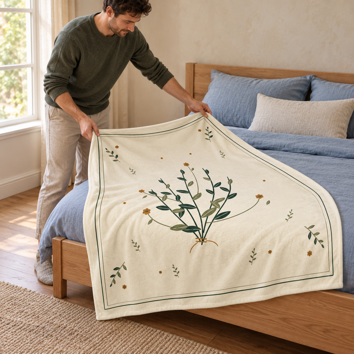 Quiet Meadow Plush Blanket — 50 × 60 in — person use: standing and spreading throw across bed foot; digitally styled supplier-based mockup