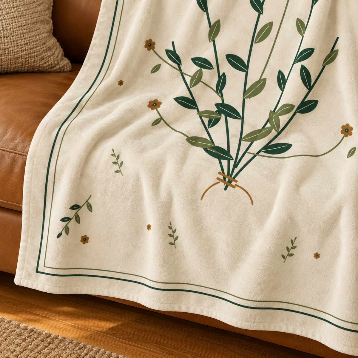 Quiet Meadow Plush Blanket — 50 × 60 in — contextual detail: original border, print and finished edge; digitally styled supplier-based mockup