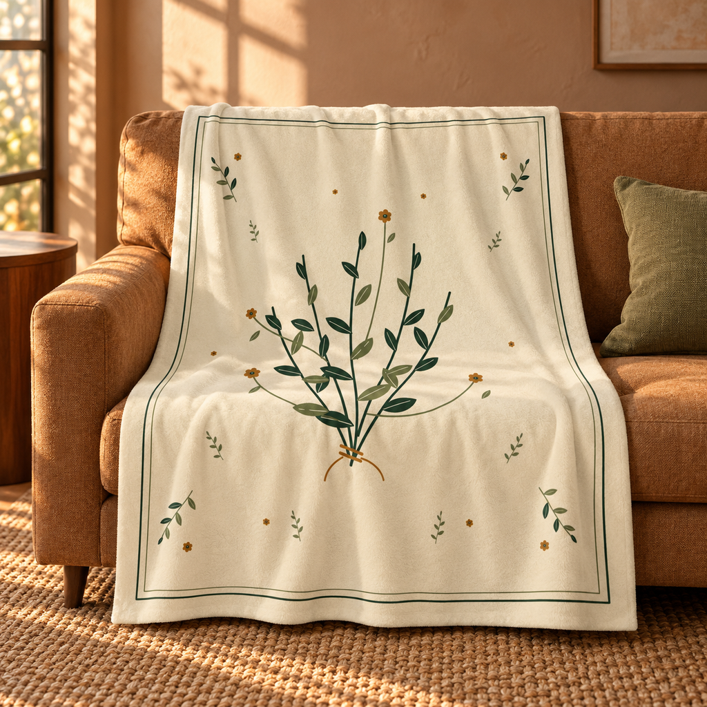 Quiet Meadow 50 × 60 inch plush blanket with the original botanical print draped over a caramel sofa — digital lifestyle mockup