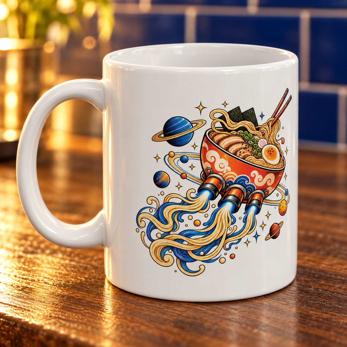 Close view of Ramen Rocket artwork and ceramic handle on a cafe table; digitally styled mockup