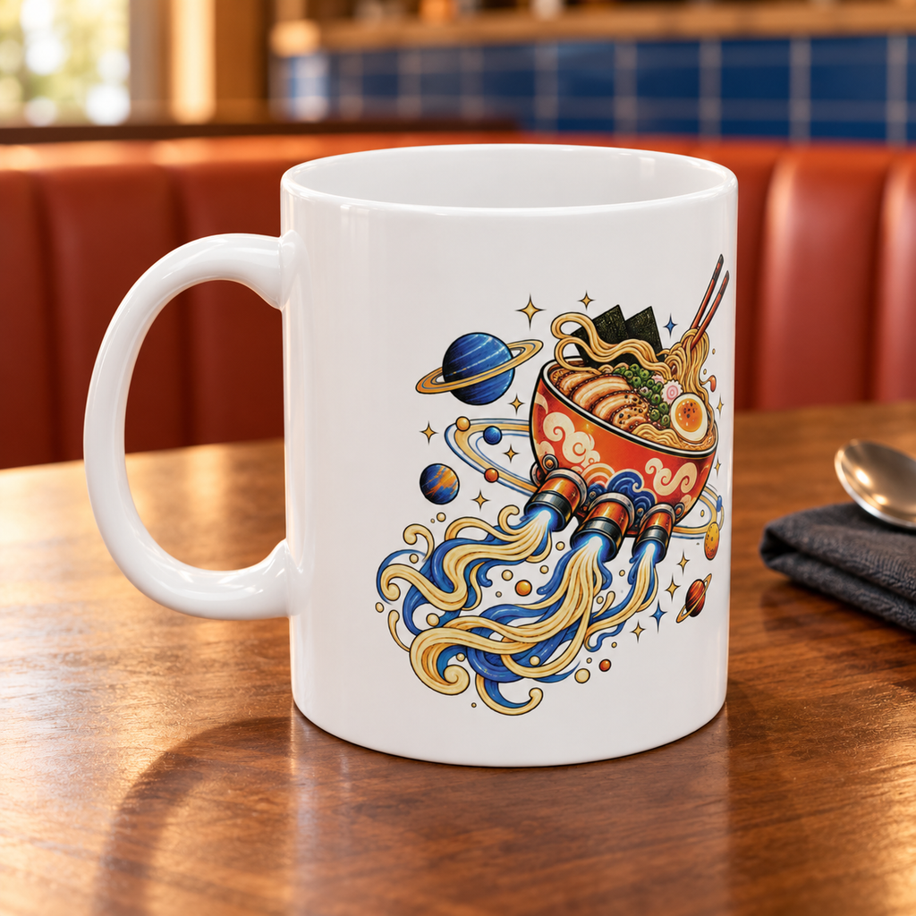 Ramen Rocket white ceramic 11oz mug on a walnut cafe table, with cobalt tiles and a terracotta booth; digitally styled supplier-based mockup