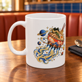 Ramen Rocket white ceramic 11oz mug on a walnut cafe table, with cobalt tiles and a terracotta booth; digitally styled supplier-based mockup
