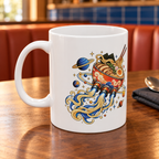 Ramen Rocket white ceramic 11oz mug on a walnut cafe table, with cobalt tiles and a terracotta booth; digitally styled supplier-based mockup