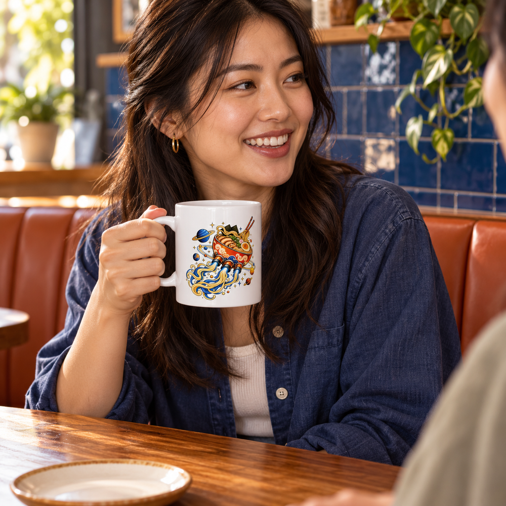 Person holding the Ramen Rocket mug in a cafe; digitally styled mockup