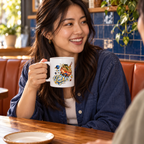 Person holding the Ramen Rocket mug in a cafe; digitally styled mockup