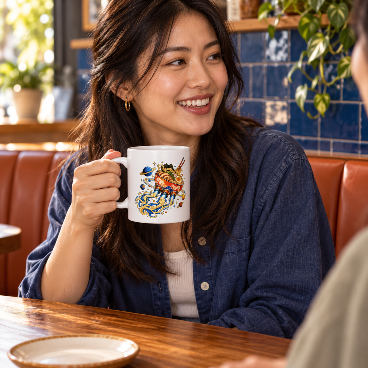 Person holding the Ramen Rocket mug in a cafe; digitally styled mockup