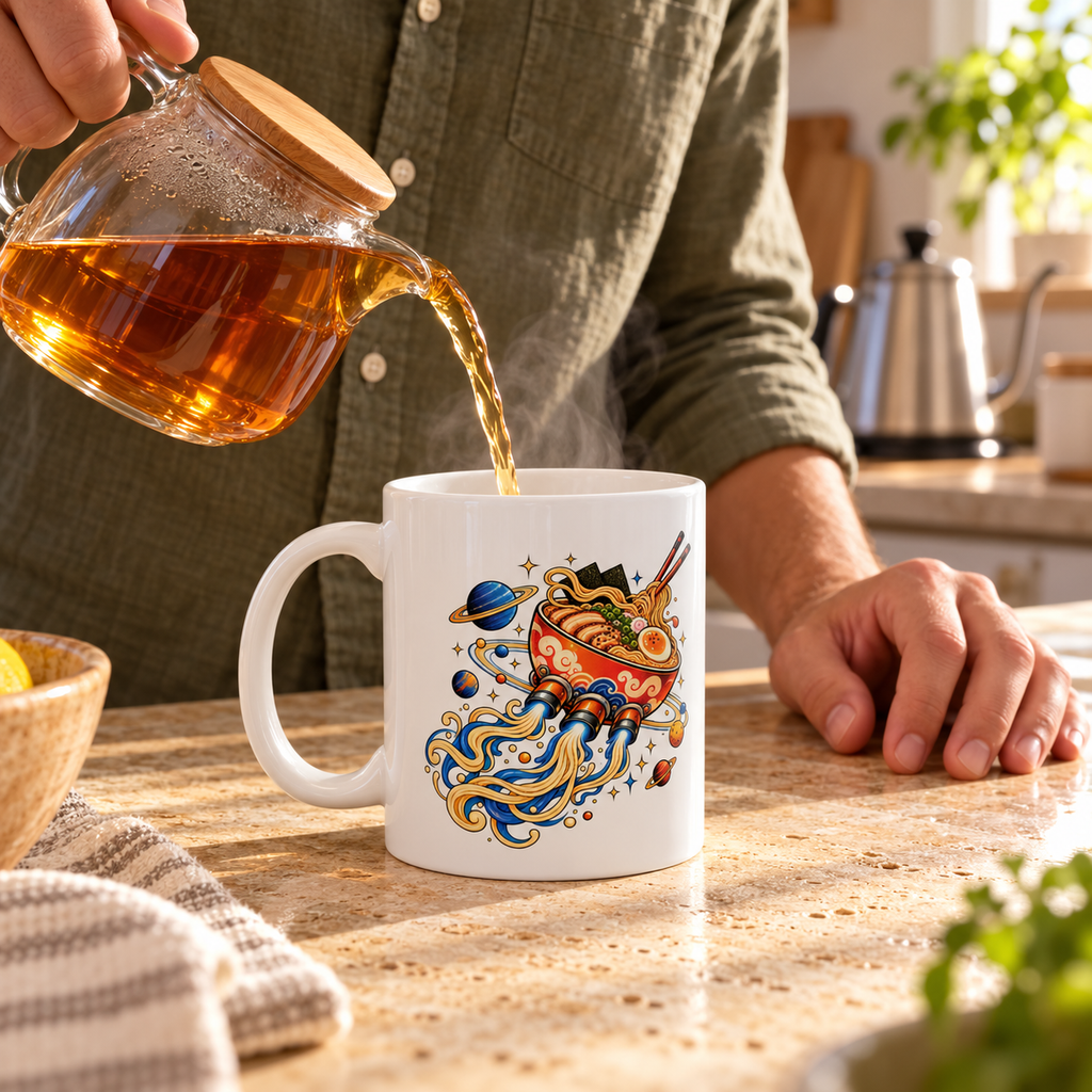 Person pouring tea into the Ramen Rocket mug at a kitchen counter; digitally styled mockup