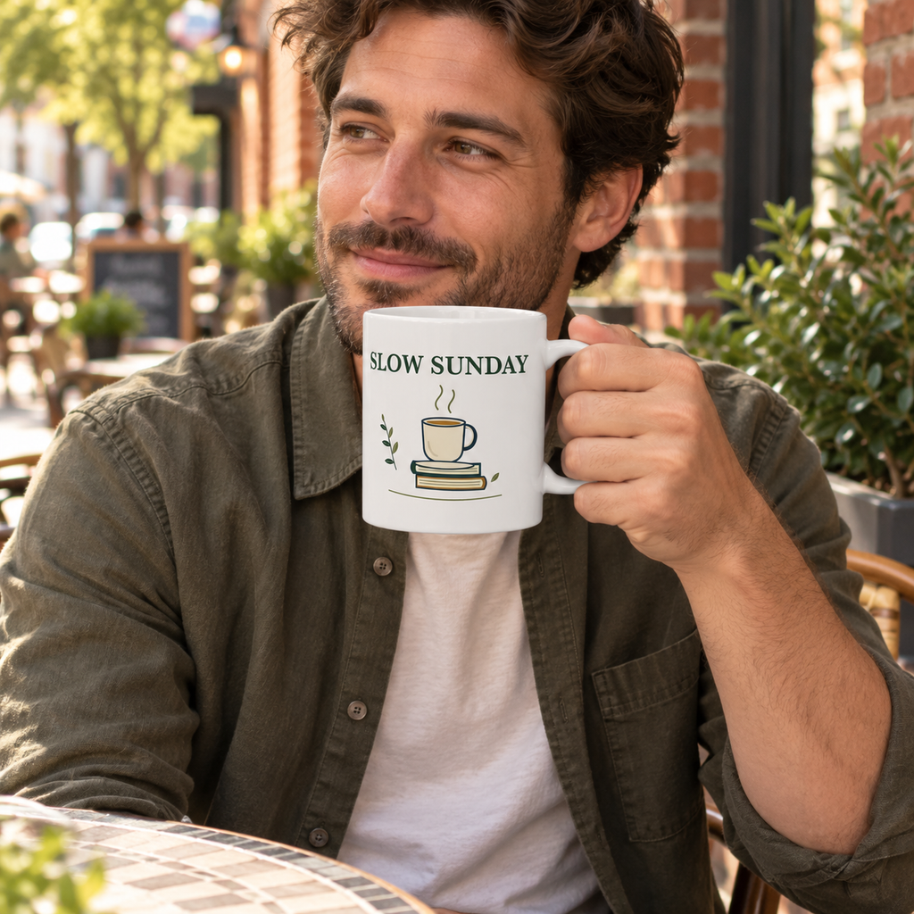 Slow Sunday Ceramic Mug — 11oz — person use: seated cafe sip; digitally styled supplier-based mockup