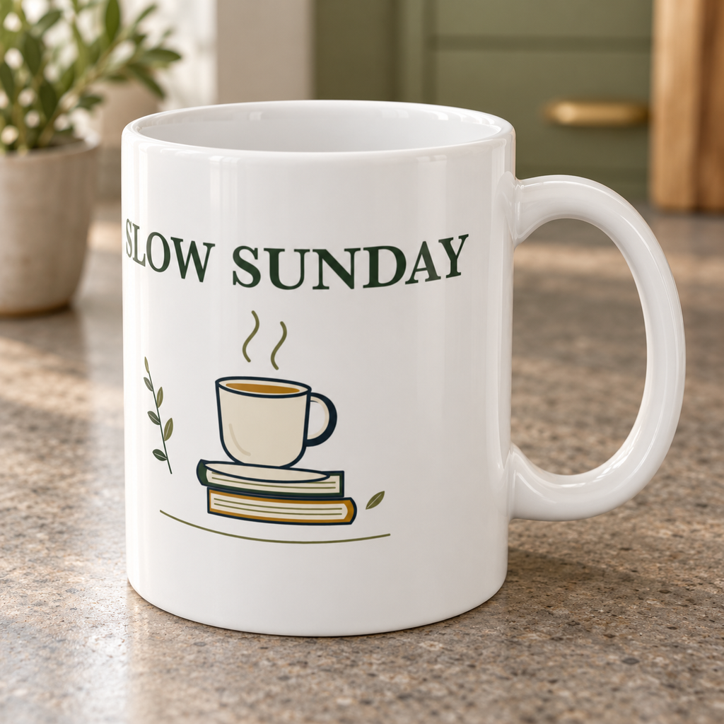 Slow Sunday Ceramic Mug — 11oz — contextual detail: actual ceramic rim, C-handle and print; digitally styled supplier-based mockup