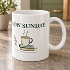 Slow Sunday Ceramic Mug — 11oz — contextual detail: actual ceramic rim, C-handle and print; digitally styled supplier-based mockup