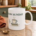 Slow Sunday 11oz ceramic mug on a kitchen countertop, right-handle view; lifestyle mockup.