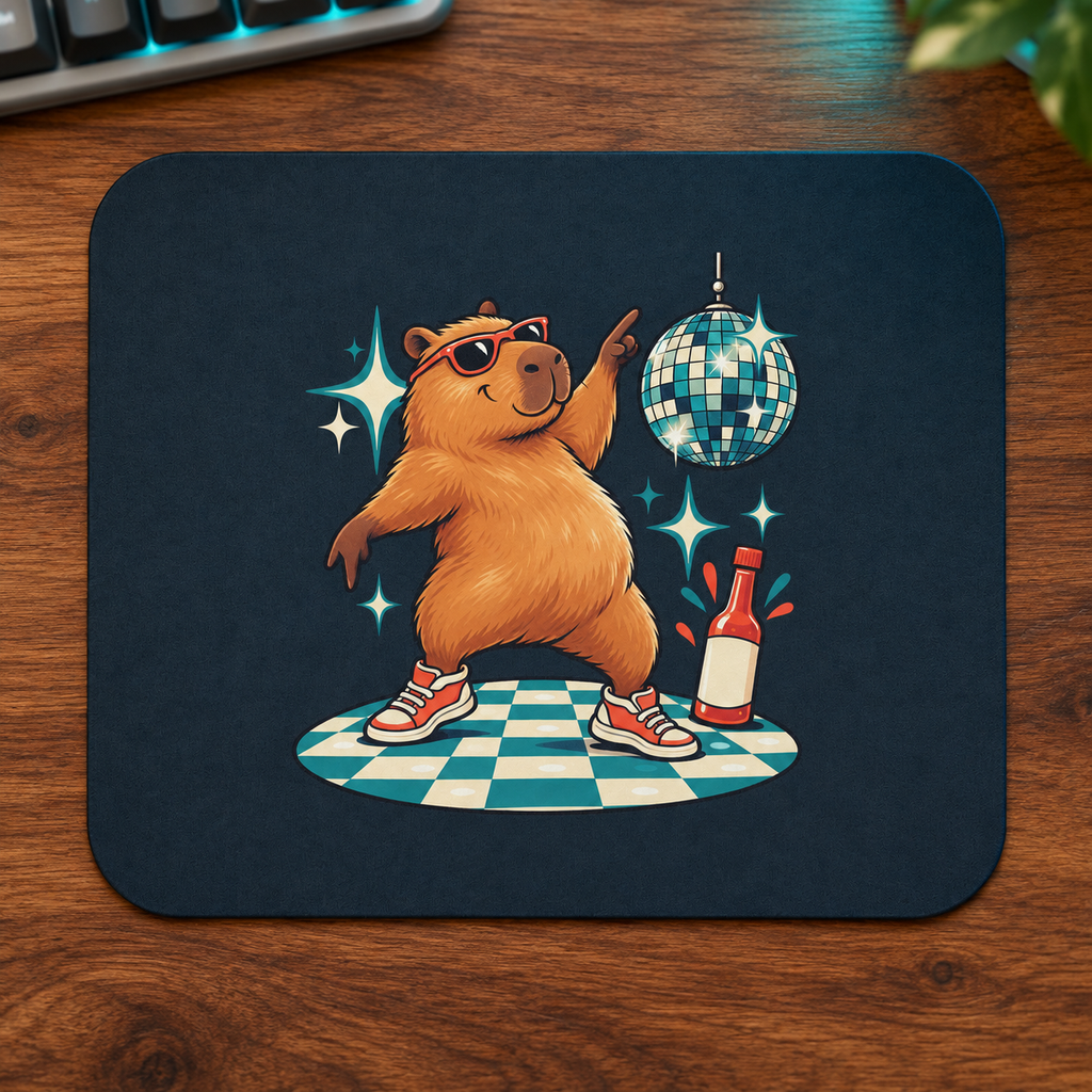 Spicy Disco Capybara Mouse Pad — mouse pad alone on walnut desk